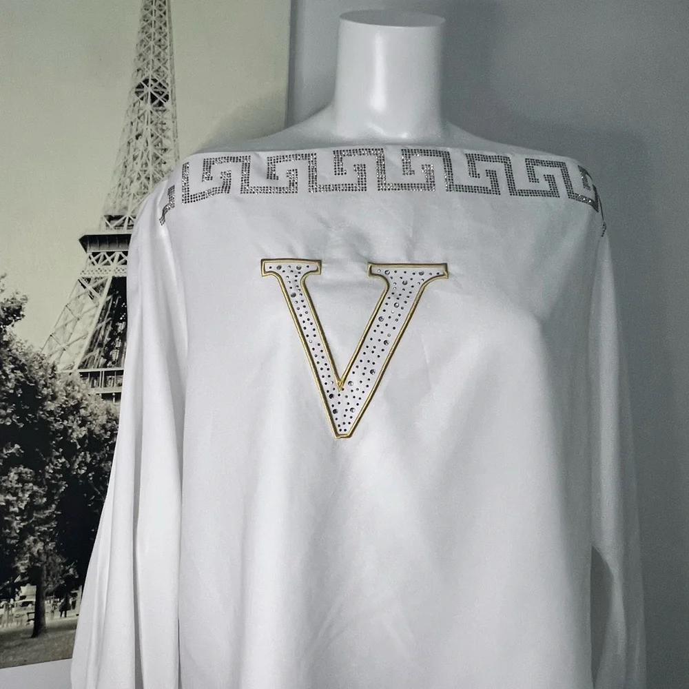 Chic White Off-Shoulder Blouse with Gold Accents - Picture 3 of 9